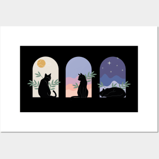 Boho minimalist black cats with plants - day, evening and night pack Posters and Art